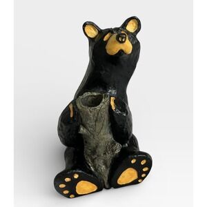 Jeff Fleming Bearfoots Black Bear Figurine Tree Stump Holder Rustic‎ Lodge Decor